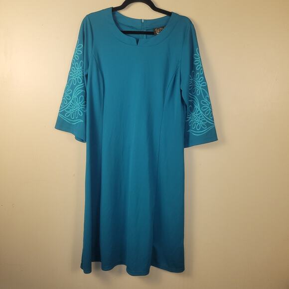 Bob Mackie Floral Embroidered Art To Wear Shift Dress Teal Blue Stretch Size L - Picture 1 of 8